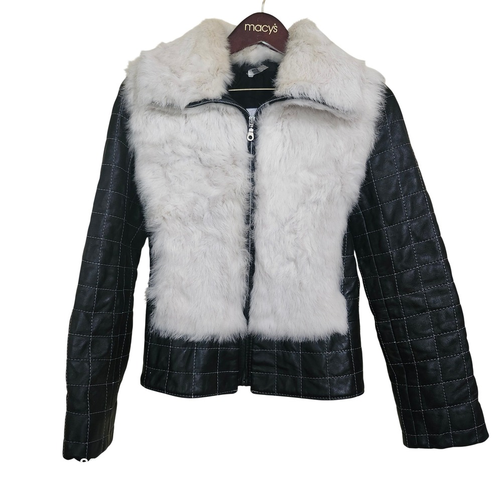 Vtg Cosmopel Quilted Leather Rabbit Fur Jacket Women Med Black White Greece Luxe
